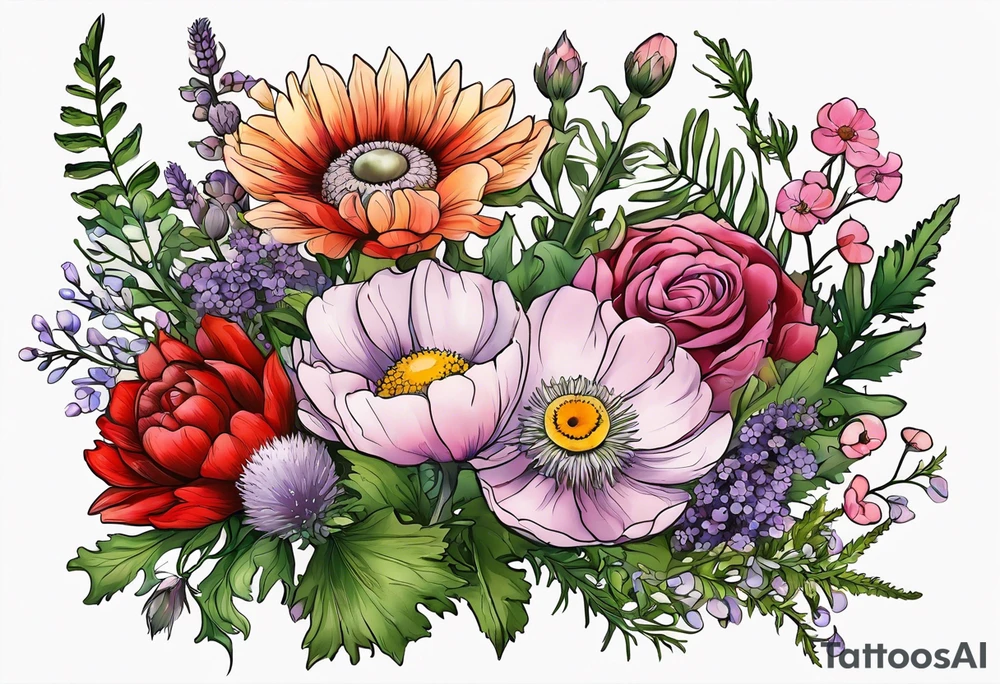 simple wildflowers with thistles, ferns, ranuculus, white anemones, sun flowers, red flowers, pink flowers, purple flowers, buttercups, babys breath, daisies, and greenery all in pastel color tattoo idea
