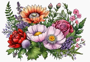 simple wildflowers with thistles, ferns, ranuculus, white anemones, sun flowers, red flowers, pink flowers, purple flowers, buttercups, babys breath, daisies, and greenery all in pastel color tattoo idea