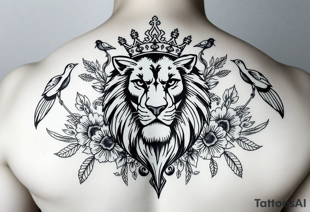 powerful majestic lion with a crown, surrounded by floral ornaments and birds tattoo idea