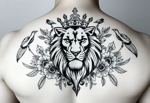 powerful majestic lion with a crown, surrounded by floral ornaments and birds tattoo idea