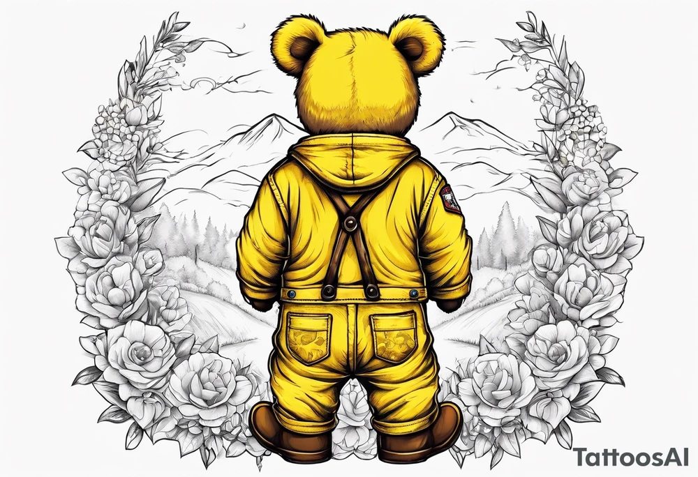 the back of a teddy bear standing in yellow overalls and boots tattoo idea