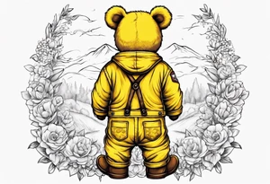 the back of a teddy bear standing in yellow overalls and boots tattoo idea