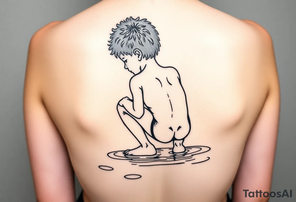 minimalist back view of curly headed son squatted down putting his fingers in the water/pond tattoo idea