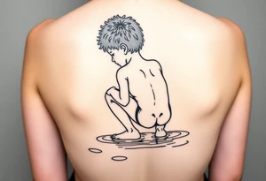 minimalist back view of curly headed son squatted down putting his fingers in the water/pond tattoo idea