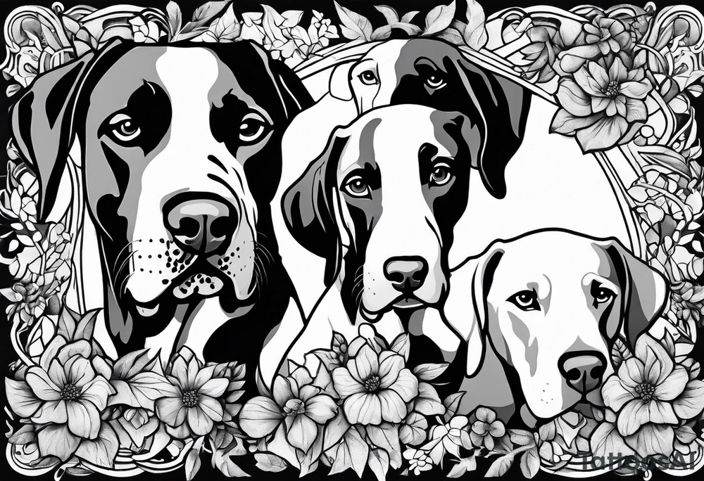 Arm sleeve that has 4 separate small Great Dane heads mixed in with other fill work that resembles the outdoors tattoo idea
