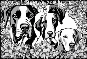 Arm sleeve that has 4 separate small Great Dane heads mixed in with other fill work that resembles the outdoors tattoo idea