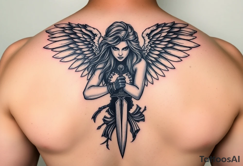 Fierce Female Angel warrior with dagger Greek mythology style with dark shading tattoo idea