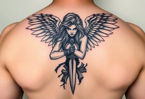 Fierce Female Angel warrior with dagger Greek mythology style with dark shading tattoo idea