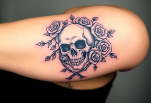 gothic skull intertwined with climbing roses and thorny vines tattoo idea
