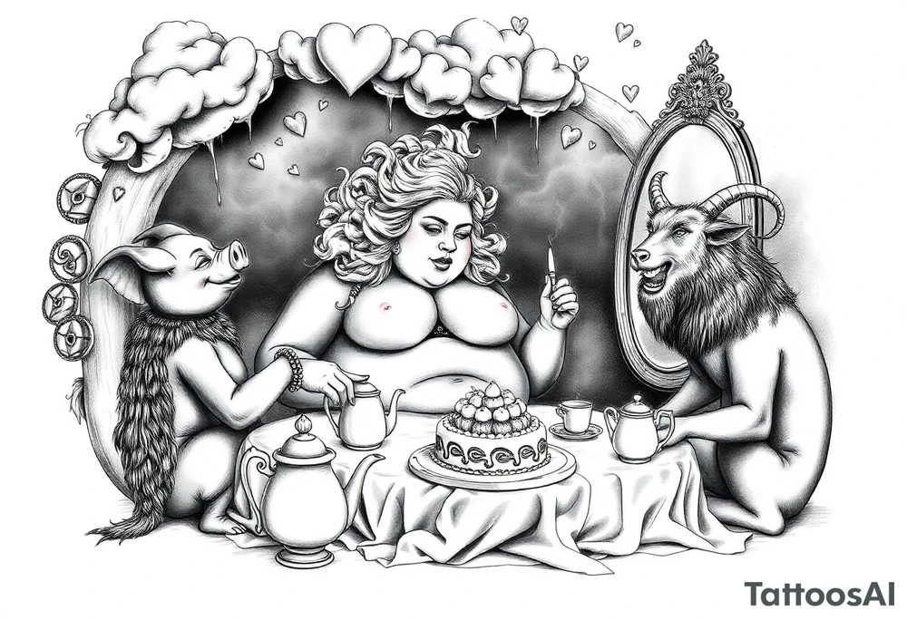 naked fat lady having a tea party with tea pots and 
with a pig, peacock, noose, lion, goat, smoking cigerettes looking in the mirror having sex with a man eating a cake thru storm clouds with knife and broken hearts and darkness and wrath, envy , gluttony, greed, sloth, pride tattoo idea