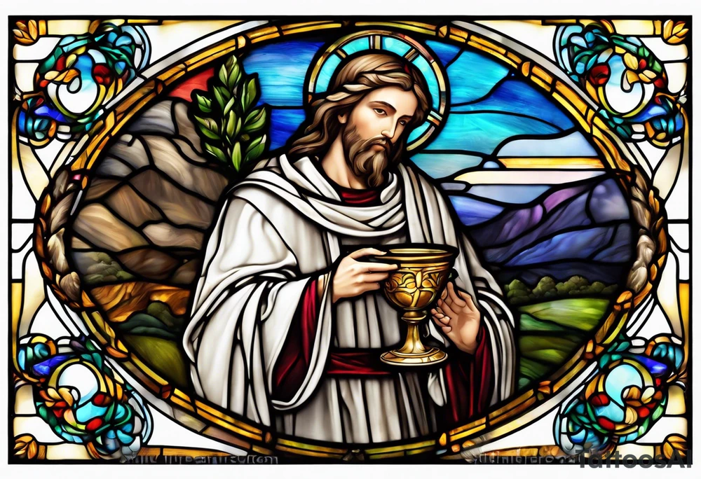 holy saint stained glass holding a chalice tattoo idea
