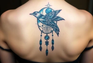 Raven dream catcher milky way moon shooting star tattoo idea