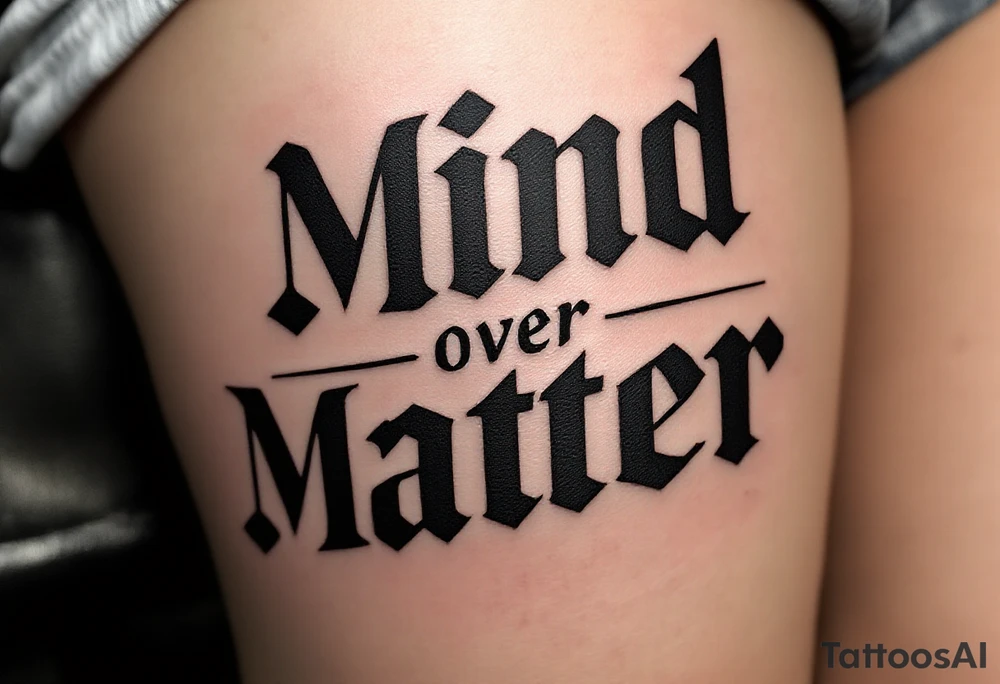 "Mind Over Matter" in modern mixed typography, solid black for "Mind," and lighter grey for "Matter," with a line dividing the two. tattoo idea
