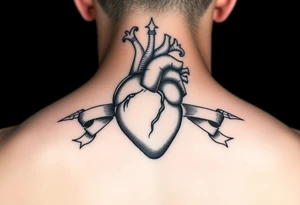 anatomical heart pierced by ornate arrow with flowing ribbons tattoo idea
