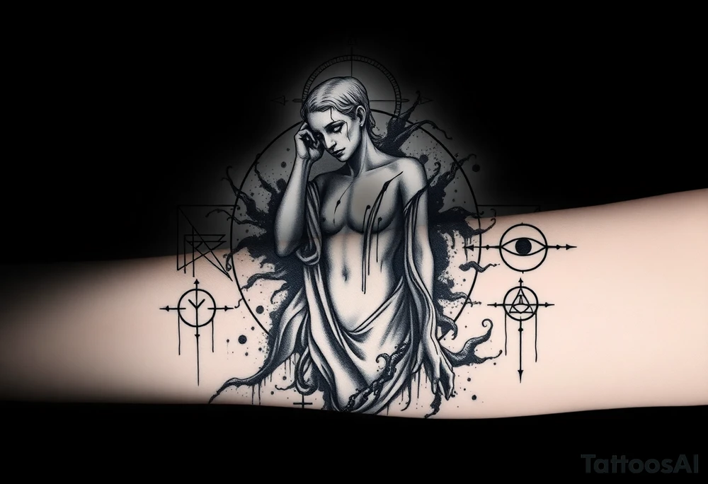 Black and white forearm tattoo design, dark surrealism and mythological symbolism. Fragmented human figure or statue, parts dissolving into black ink splashes and smoke. Surrounded by sacred geometry lines and circles, occult and alchemical symbols, abstract dripping eyes, and thin composition lines. Fine line tattoo style mixed with etching and engraving texture, high contrast, minimal background, designed to be extended into a full sleeve. No bodybuilding aesthetic, focus on surreal composition, mysterious atmosphere and artistic detail tattoo idea