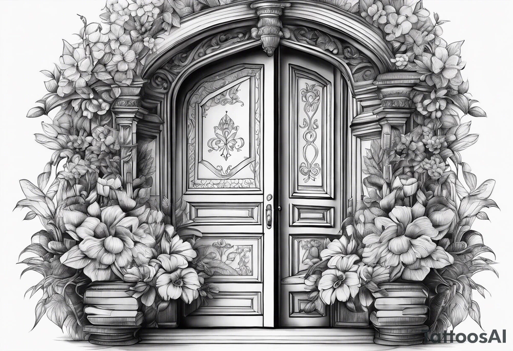 Door way stack of books flowers tattoo idea