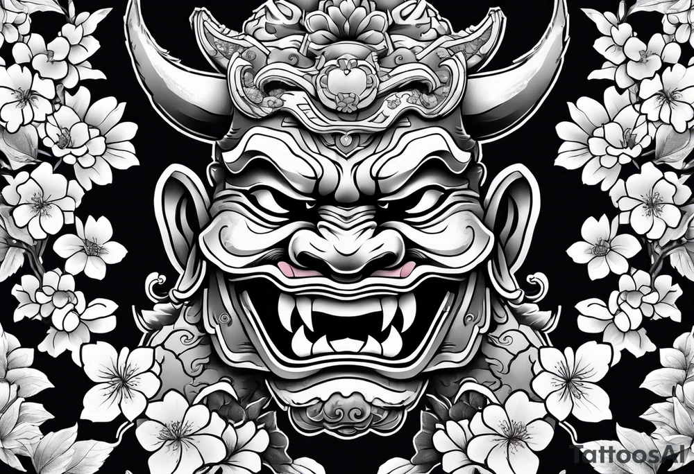 Oni mask with a cherry blossom background tattoo idea Oni mask with a cherry blossom background tattoo idea