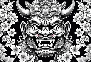 Oni mask with a cherry blossom background tattoo idea