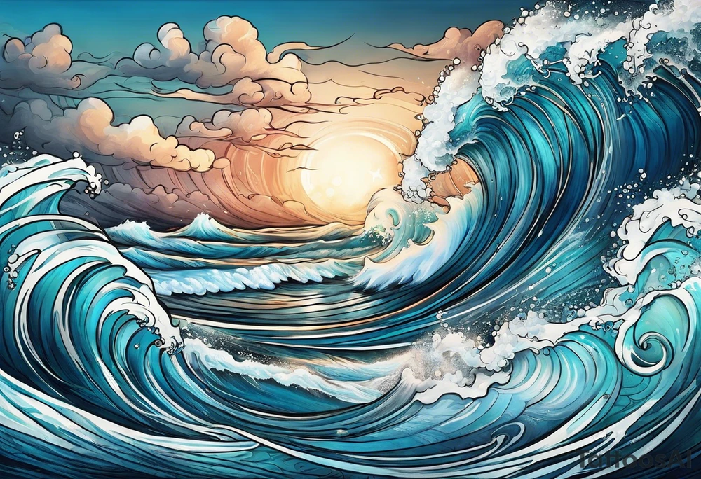 ocean waves with "come what may" written underneath in cursive tattoo idea