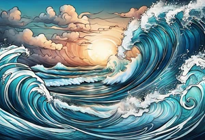 ocean waves with "come what may" written underneath in cursive tattoo idea