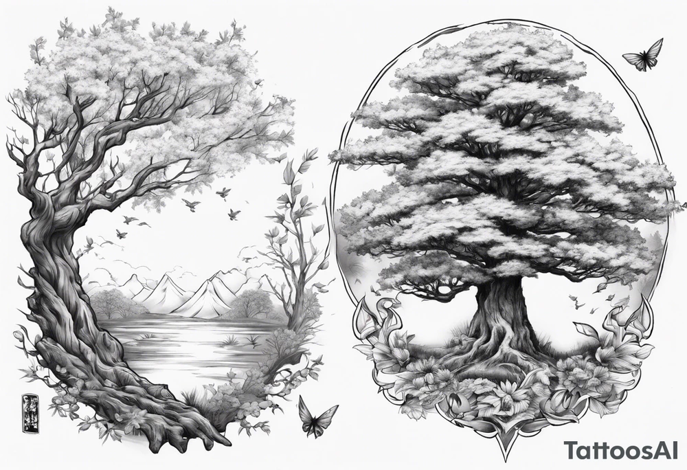 Spring with an oka tree beside, Baird fly over the oka tree tattoo idea