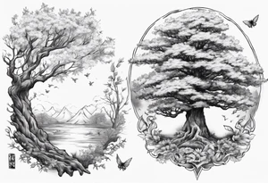 Spring with an oka tree beside, Baird fly over the oka tree tattoo idea
