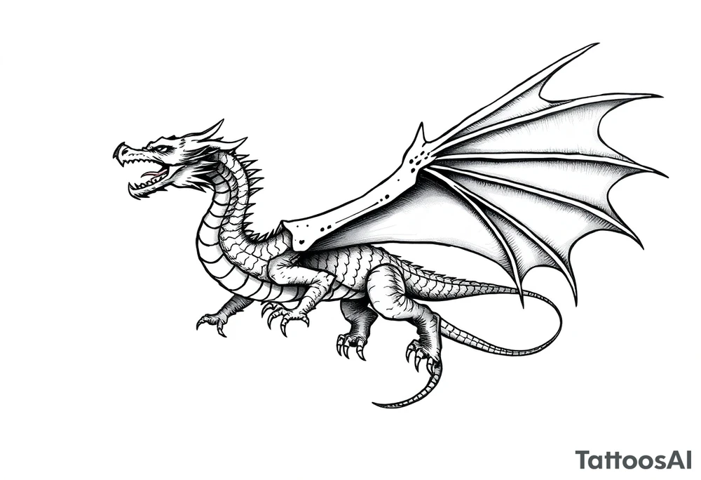 Dragon flying with outstretched wings and a long and slender body and outstretched tail tattoo idea