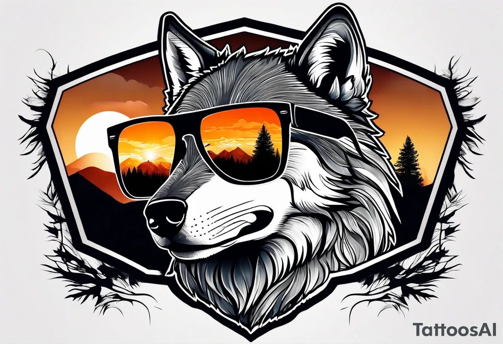Badass wolf wearing sunglasses
Dark woods
Mountains
Sunset tattoo idea