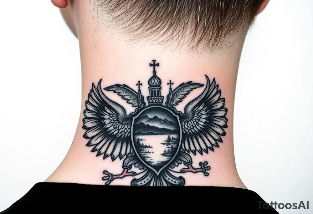 Traditional authentic Russian coat of arms with double headed eagle & a well shaded Christian orthodox Virgin Mary in the middle with silhouette of a lake in a Russian wilderness Christian orthodoxy dome church village setting on the side of my neck tattoo idea