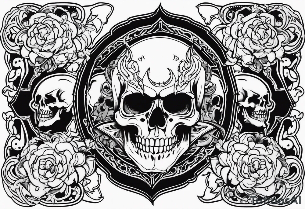 Name KIHURANI with background of skulls and demons while burning tattoo idea