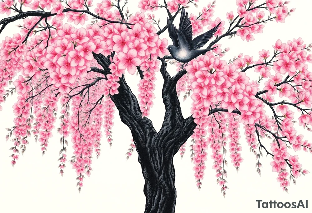 A big pink, weeping tree with huge  lushish leaves and a beautiful trunk. there are 2 doves. 1 is a flying into the sky. The second one is hovering above the ground that’s turning black like she stained with grief. Goth romance 
These are the dates I want dainty in the heavily overflow of weeping cherry blossom branches and leaves March 31, 2024 – July 2, 2024 tattoo idea