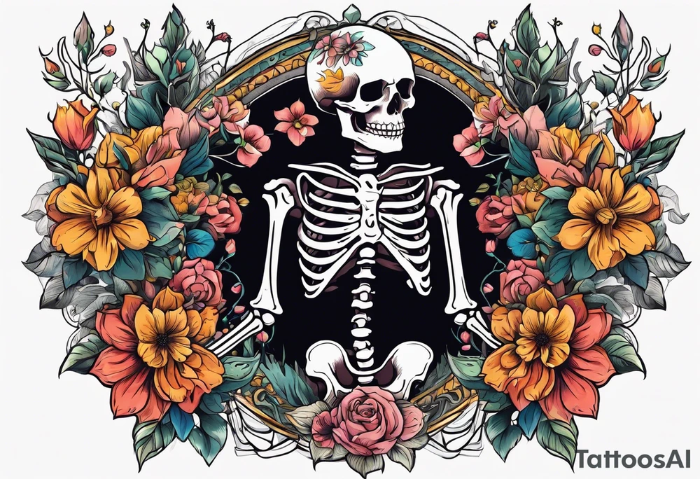 skeleton with body and flowers around it vintage tattoo idea