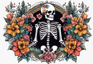 skeleton with body and flowers around it vintage tattoo idea