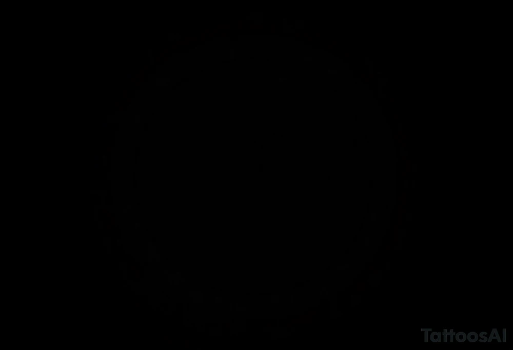 Непрерывная тату-линия вокруг предплечья в черном и красном цветах, бесшовный дизайн. Сочетает: греческий меандр как базовый узор, полинезийские жирные линии и китайскую символику дракона. Основные элементы: красное солнце (простой круг с 4 треугольными лучами) и черный дракон (абстрактная зигзагообразная линия). Стиль: чистая линия толщиной 1-2 мм, красный цвет ТОЛЬКО для солнца, все остальное черное. Никаких теней и фона. Узор должен идеально соединяться при оборачивании вокруг руки. Технические требования: сверхдлинная узкая полоса (соотношение 15:1), векторная точность tattoo idea