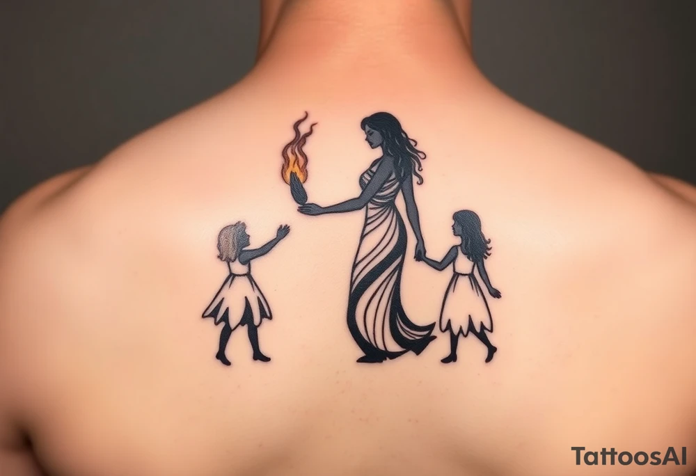 Silhouette of a mother passing a flame to two daughters tattoo idea