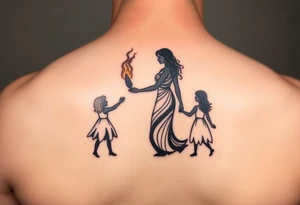 Silhouette of a mother passing a flame to two daughters tattoo idea
