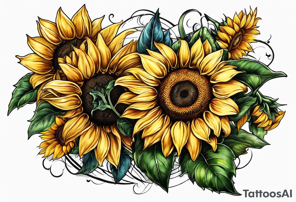 Sleeve with Roman numeral and sunflowers tattoo idea