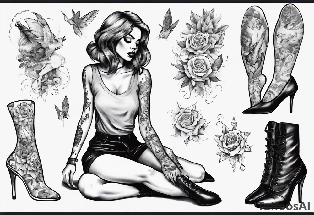 A girl in heels sits on the floor, leaning on her feet, with two legs wide open tattoo idea