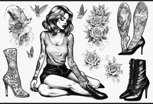 A girl in heels sits on the floor, leaning on her feet, with two legs wide open tattoo idea