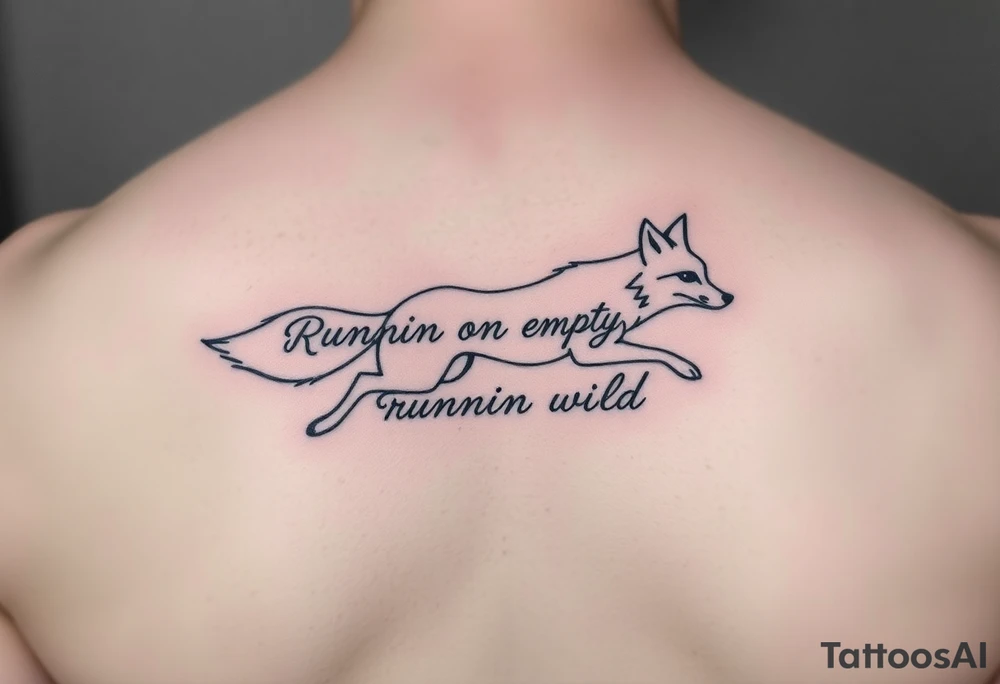 Lyrics to Jackson brownes runnin on empty. “Runnin on empty, runnin wild” with an outline sketch of a running fox separates the set of lyrics tattoo idea