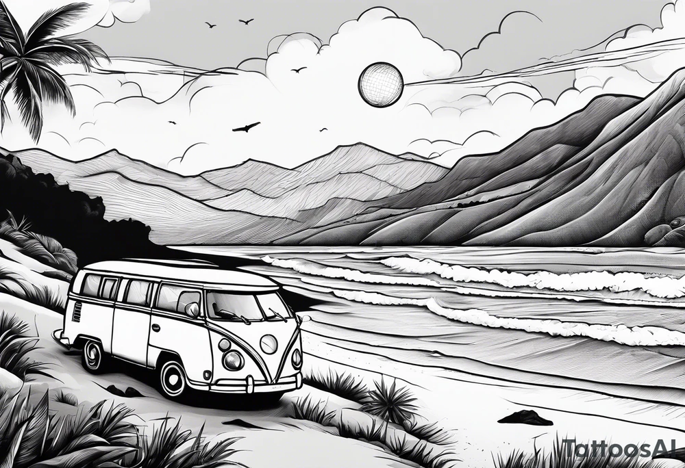 Beach with hills behind, a rugby ball, wine bottle and book on the beach, a plane in the sky and a campervan tattoo idea