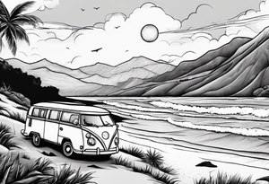 Beach with hills behind, a rugby ball, wine bottle and book on the beach, a plane in the sky and a campervan tattoo idea
