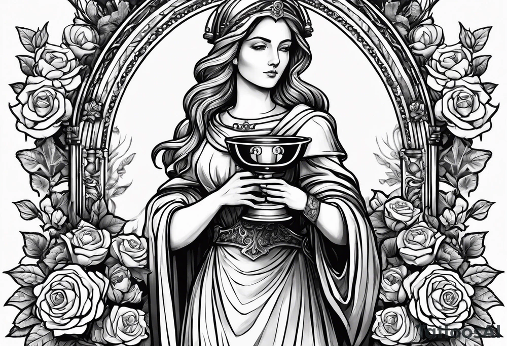 Saint Barbara holding a chalice with cannons behind her surrounded by roses tattoo idea