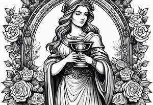 Saint Barbara holding a chalice with cannons behind her surrounded by roses tattoo idea