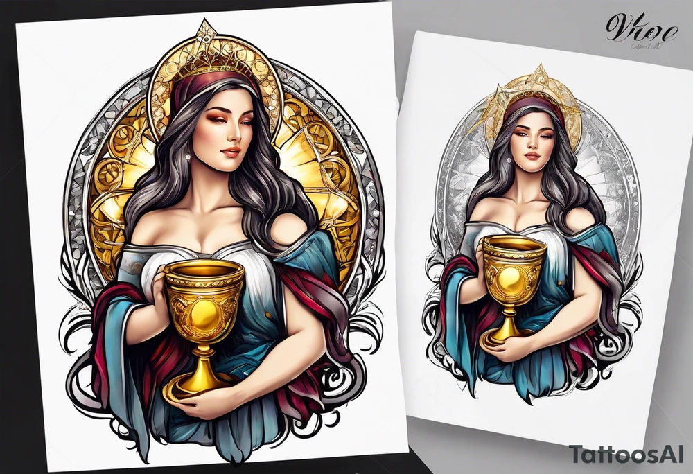 woman saint holding chalice surrounded by golden halo sideways tattoo idea