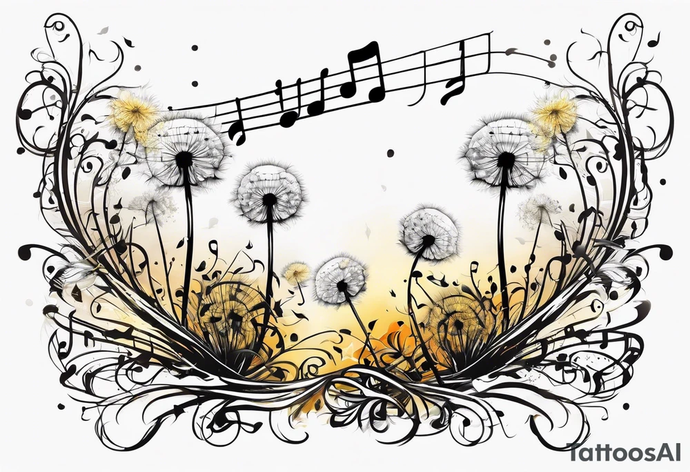 Dandelion puff breaking off into music notes tattoo idea