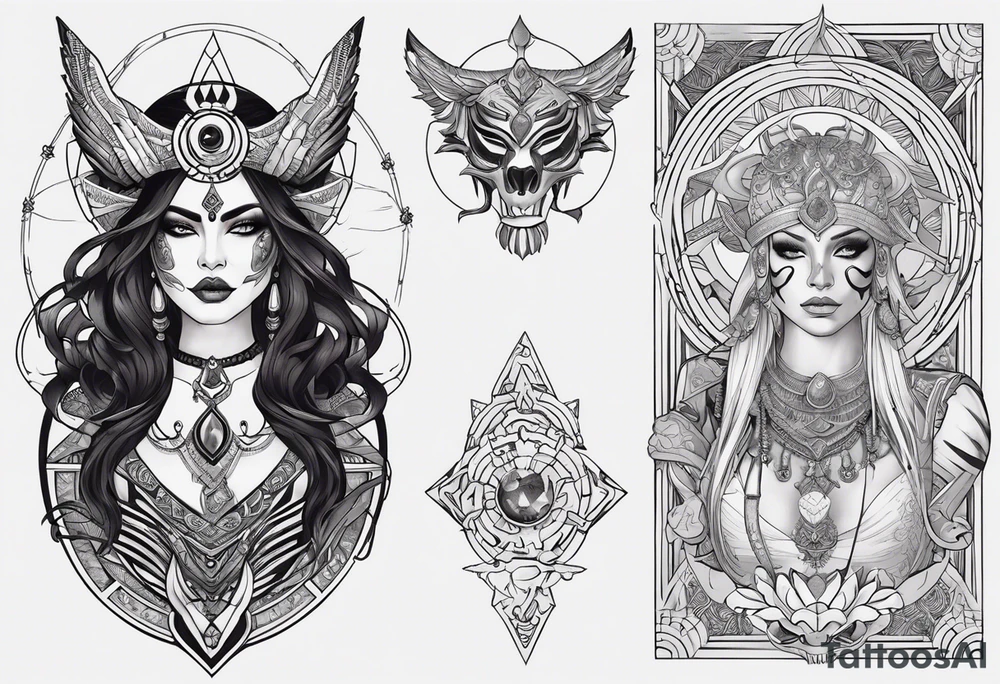 kali ma, alien goddess, valkrye, aries, pirate, divine feminine, zenza resonance, pachamama, lotus azul, blank panther, eagle, skull, 5D, nueva gaya, dna 12, left side chest tatoo tattoo idea