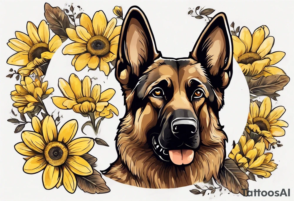 Brown German shepherd portrait surrounded by yellow daisies tattoo idea