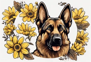 Brown German shepherd portrait surrounded by yellow daisies tattoo idea