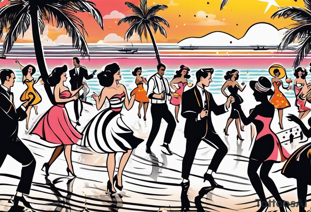 1950'S BEACH DANCE PARTY 
party, include confetti, music notes, 
, bikinis sunset in the center tattoo idea